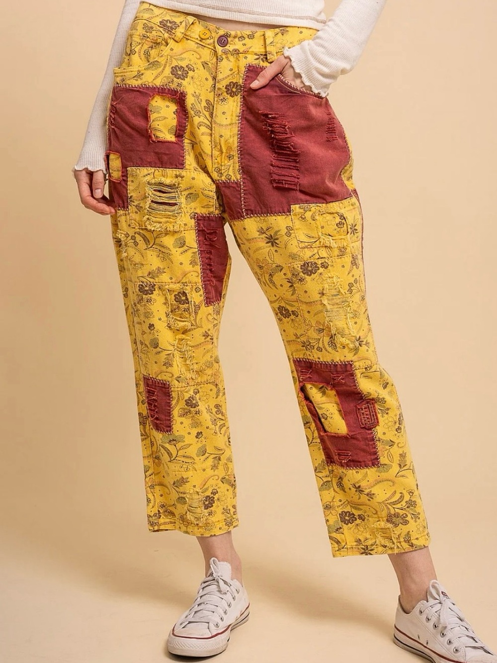 Blue Velvet Yellow Floral Patchwork Pants with Rust Patches S-XL